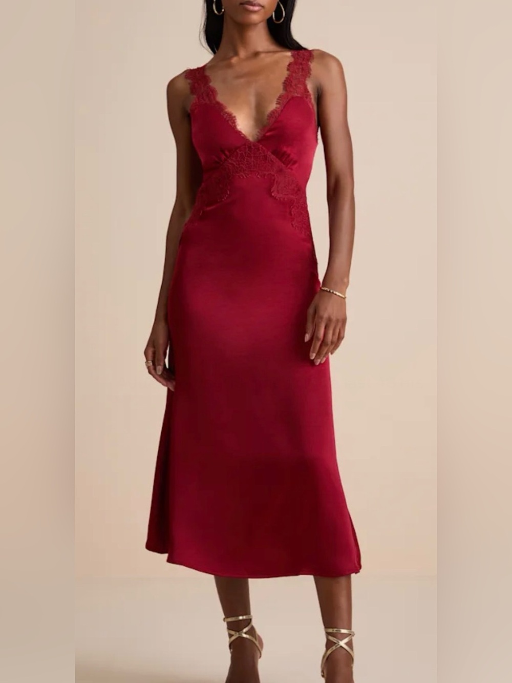 Lulu's Burgundy Lace-Trim Satin Midi Dress